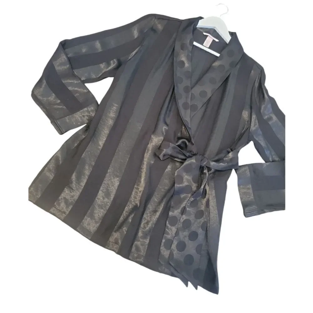 NWOT Victorias Secret Kimono Wrap Robe Black Satin Stripe Polka Dot Medium/Large